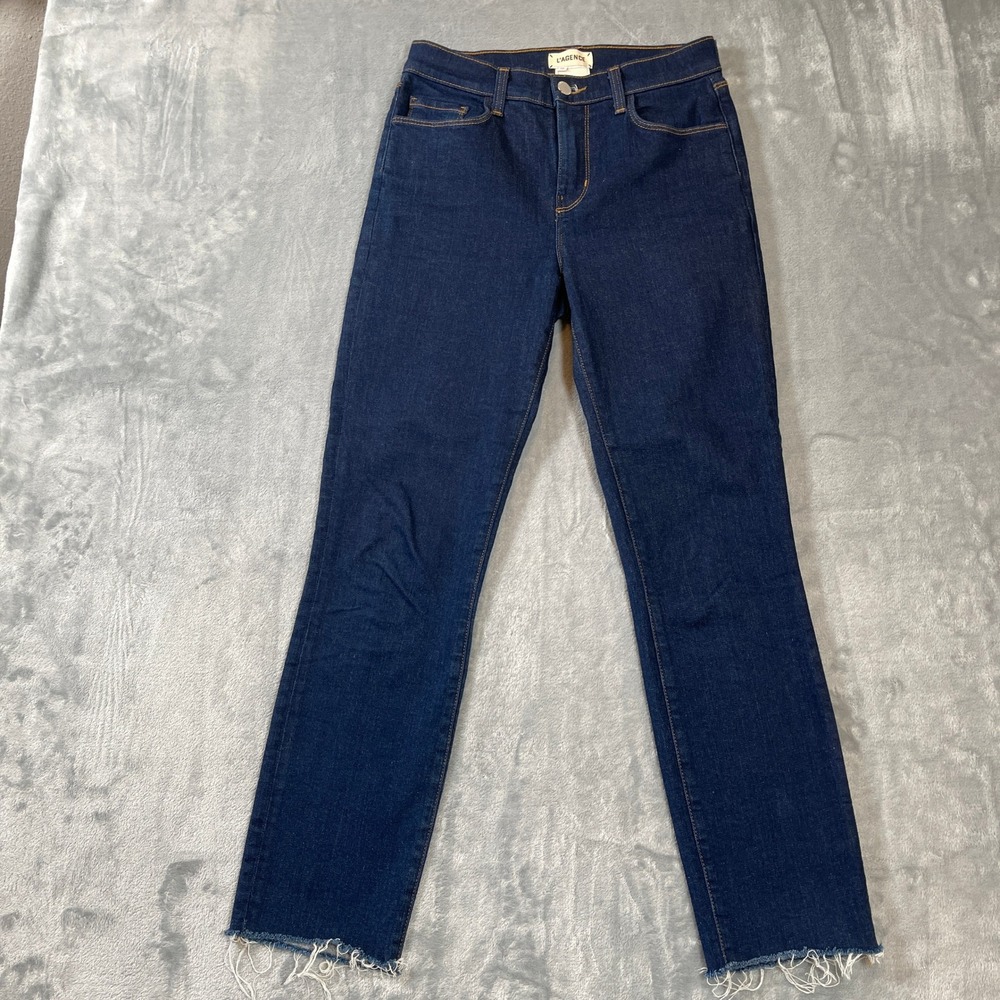 L'AGENCE Jeans Size 26 High Rise Straight Leg Raw Hem Dark Indigo Blue